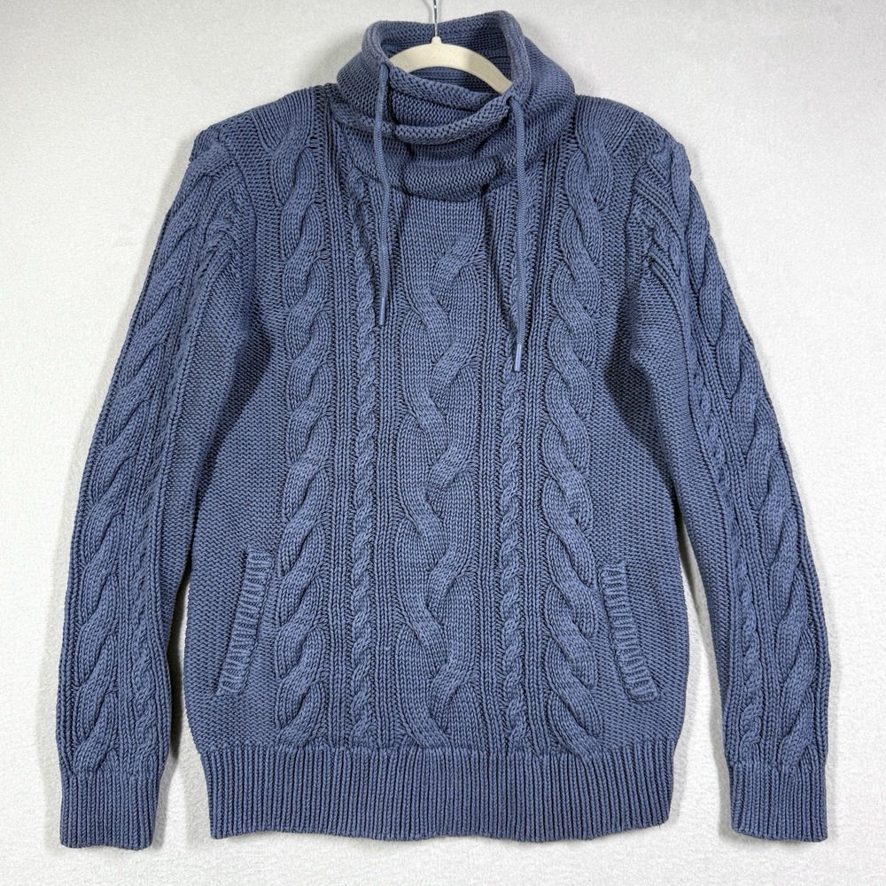 LL Bean Sweater Womens Small Blue Cable Knit Funnel Neck Pockets Cotton Pullover